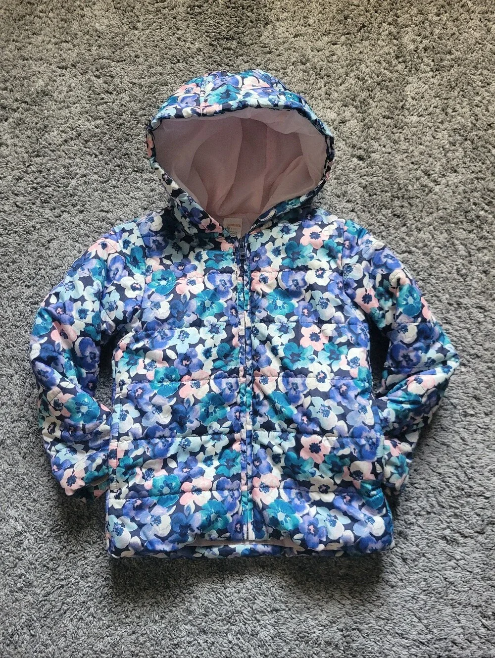 Gymboree Floral Hooded Puffer Jacket Size 4/5T Zipper Closure Functional Pockets